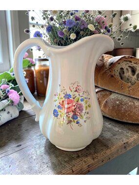 Large Athena Pottery Pitcher with pastel florals,1960s California